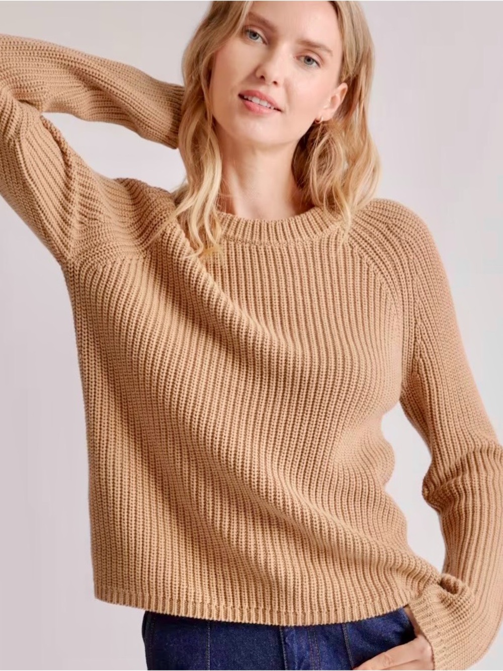 Quince 100% Organic Cotton Fisherman Crew Sweater Ribbed Camel Tan 4 6 S